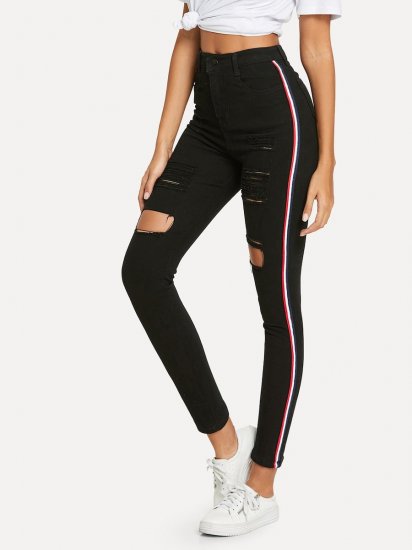 Striped Side Ripped Jeans - Click Image to Close