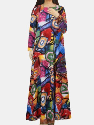 Bohemia Printed Pockets O-neck Long Sleeve Vintage Dress