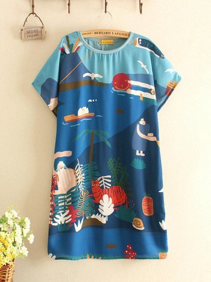 Short Sleeve Cartoon Print Patchwork O-neck Casual T-shirts - Click Image to Close