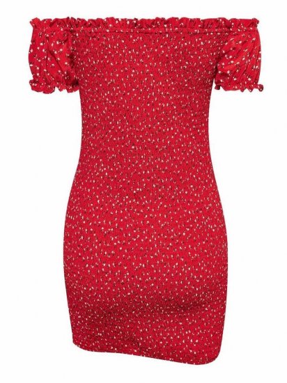 Frill Off Shoulder Ditsy Floral Shirred Dress - Click Image to Close