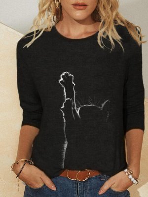 Cat Print Long Sleeves O-neck Casual T-shirt For Women