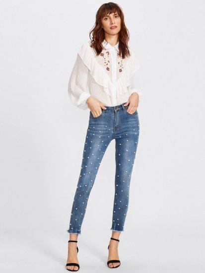 Pearl Beaded Frayed Hem Jeans - Click Image to Close