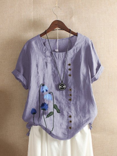 Floral Printed Short Sleeve T-shirt For Women - Click Image to Close