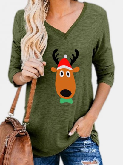 Christmas Cartoon Deer Print V-neck Long Sleeve Women T-Shirt - Click Image to Close