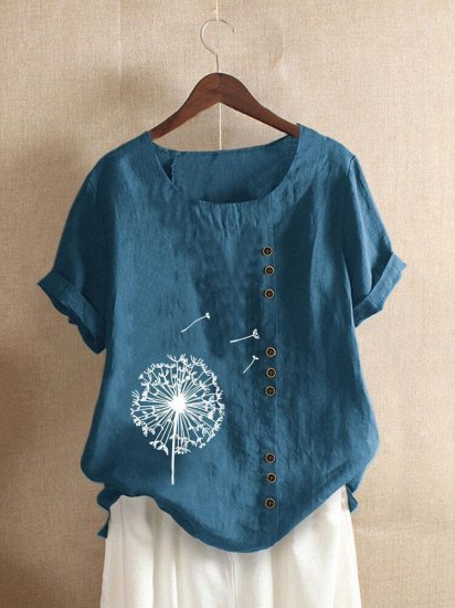 Floral Printed Short Sleeve Button T-shirt For Women - Click Image to Close