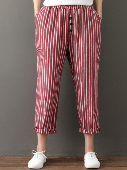 Buttons Stripe Elastic Waist Pockets Casual Harem Pants - Click Image to Close