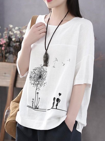 Summer Print Flower Casual Short Sleeve Cotton T-Shirt - Click Image to Close