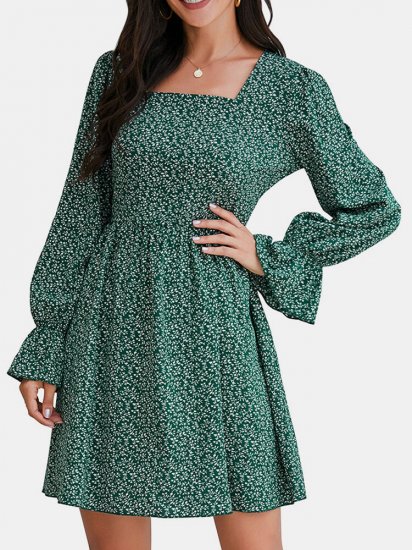 Floral Printed Bell Sleeve Square Collar Mini Dress - Click Image to Close