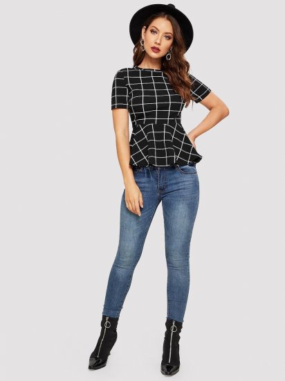 Grid Print Peplum Hem Blouse - Click Image to Close