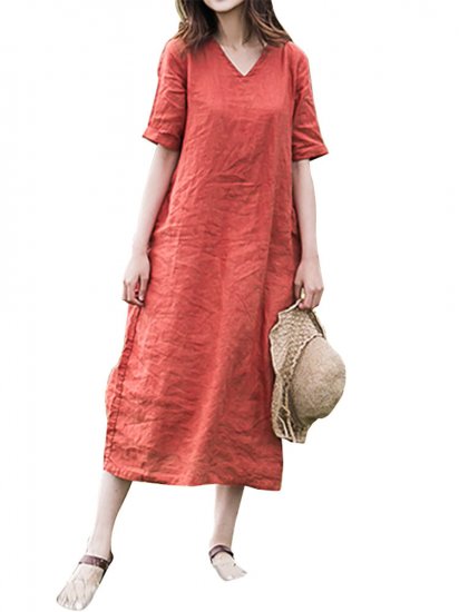 Summer Solid Color Waist Straps V-neck Vintage Dress - Click Image to Close