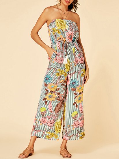 Striped Floral Print Off-shoulder Pocket Casual Jumpsuit for Women - Click Image to Close