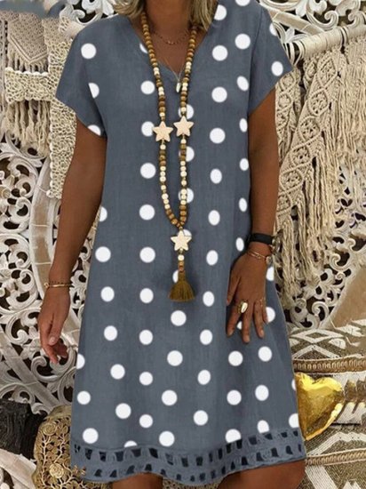 Bohemian Polka Dot Printed V-neck Short Sleeve Midi Dress - Click Image to Close