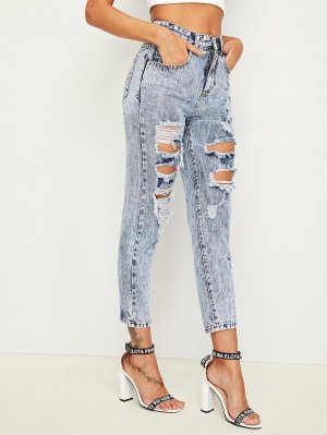 Bleach Wash Distressed Crop Jeans