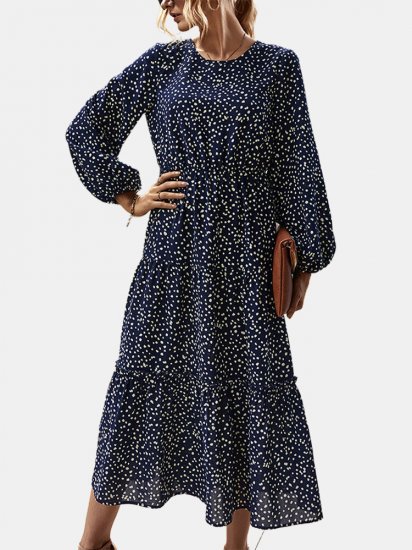 Polka Dot Print Long Sleeves O-neck High Waist Dress - Click Image to Close