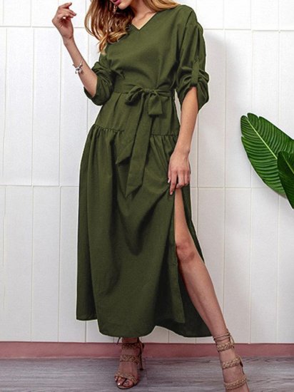 Vintage Solid Color V Neck Long Sleeve Dress - Click Image to Close