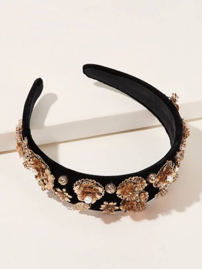 Faux Pearl & Metallic Flower Decor Headband - Click Image to Close