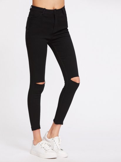 Knee Cut Frayed Hem Skinny Jeans - Click Image to Close