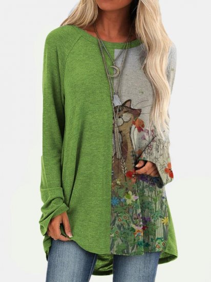 Cartoon Patchwork Print O-neck Casual Long T-shirt For Women - Click Image to Close