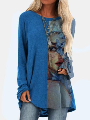 Vintage Patchwork Printed O-neck Long T-shirt For Women