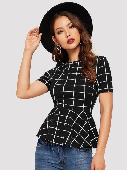 Grid Print Peplum Hem Blouse - Click Image to Close