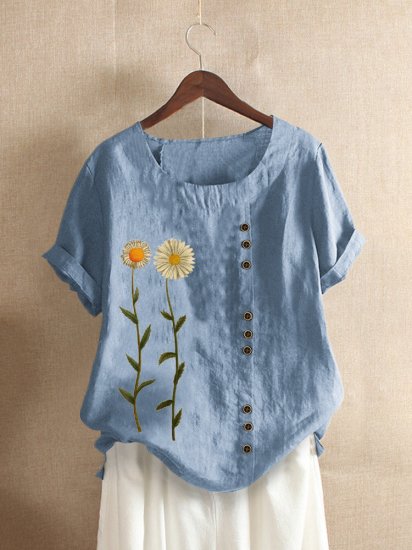 Floral Printed Short Sleeve O-Neck T-shirt For Women - Click Image to Close