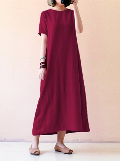 Pure Color Short Sleeve Long Maxi Vintage Dresses - Click Image to Close