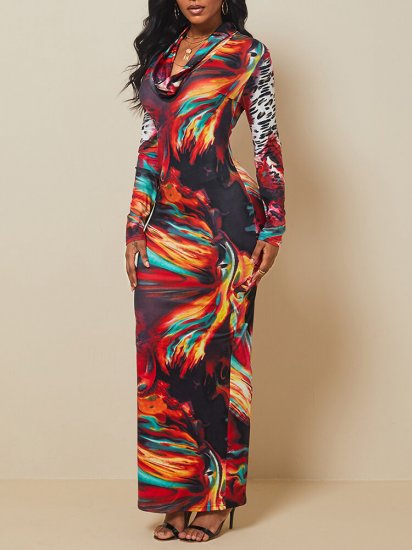 Vintage Printed Long Sleeve Pile Collar Maxi Dress - Click Image to Close