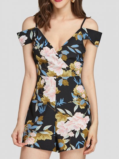 Floral Print V-neck Off-shoulder Short Sleeveless Casual Romper for Women - Click Image to Close