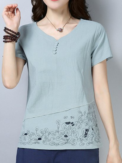 Leaves Embroidered Short Sleeve V-neck T-shirt For Women - Click Image to Close