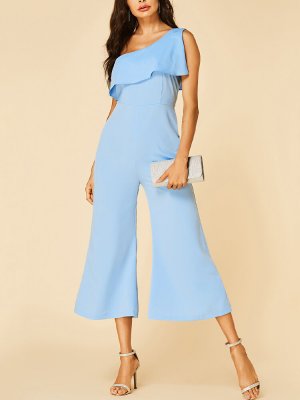 Solid Color Plain One-shoulder Ruffle Long Casual Jumpsuit for Women