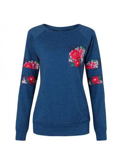 Casual Floral Print Patchwork Long Sleeve O-neck Women T-shirts - Click Image to Close