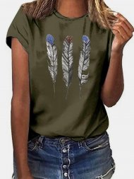 Feather Print Short Sleeves O-neck Casual T-shirt For Women