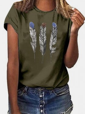 Feather Print Short Sleeves O-neck Casual T-shirt For Women