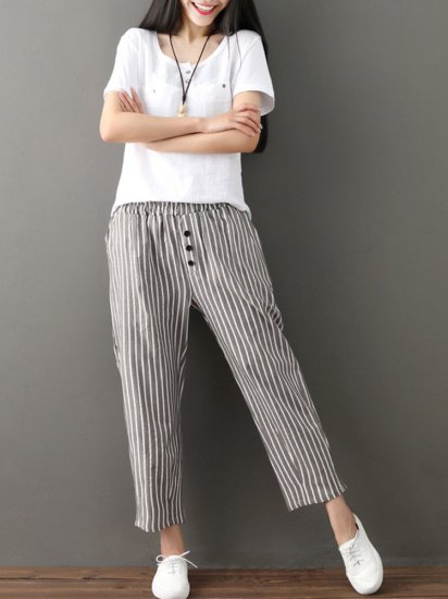 Buttons Stripe Elastic Waist Pockets Casual Harem Pants - Click Image to Close