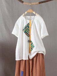 Vintage Geometric Embroidery O-Neck Short Sleeve T-shirt