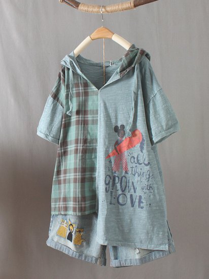 Cartoon Printed Plaid Short Sleeve Hooded Patchwork T-shirt - Click Image to Close