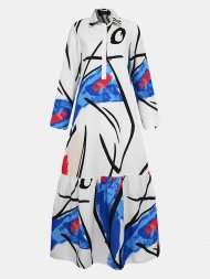 Graffiti Print Button Long Sleeve Causal Dress for Women