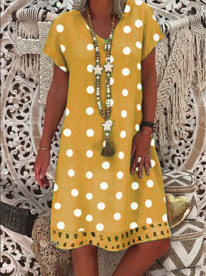 Bohemian Polka Dot Printed V-neck Short Sleeve Midi Dress - Click Image to Close