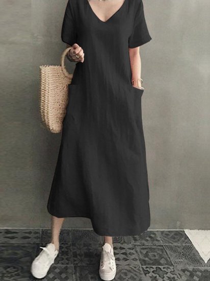 Vintage Short Sleeve V Neck Pockets Dress - Click Image to Close