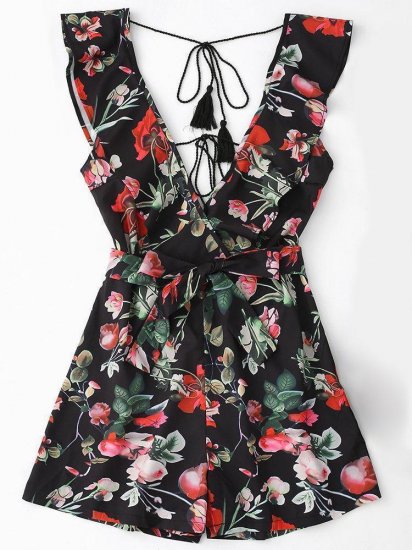 Sexy Backless V-neck Floral Printed Short Jumpsuits - Click Image to Close