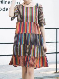 Stripe Multi-color Short Sleeve O-neck Casual Dresses