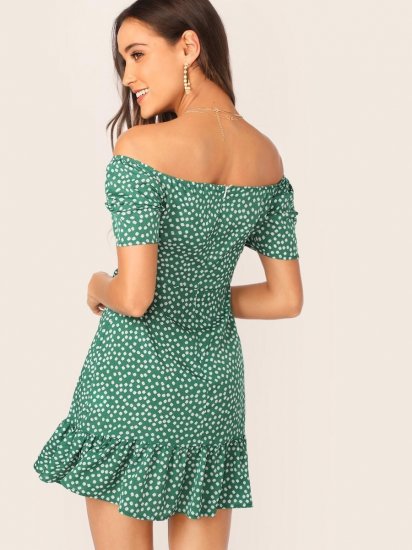 Off Shoulder Wrap Front Ruffle Hem Ditsy Floral Dress - Click Image to Close