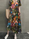 Vintage Printed V-neck Pockets Short Sleeve Casual Dress