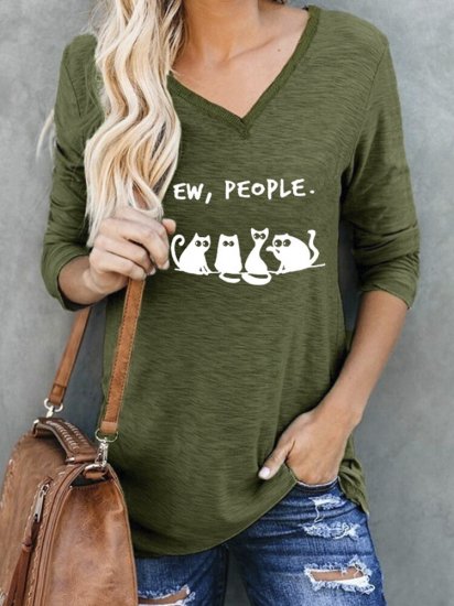 Cartoon Cat Print V-neck Long Sleeve Casual Women T-Shirt - Click Image to Close