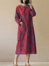 Vintage Floral Print O-neck Long Sleeves Split Hem Casual Dress