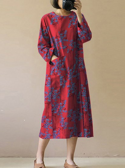 Vintage Floral Print O-neck Long Sleeves Split Hem Casual Dress - Click Image to Close