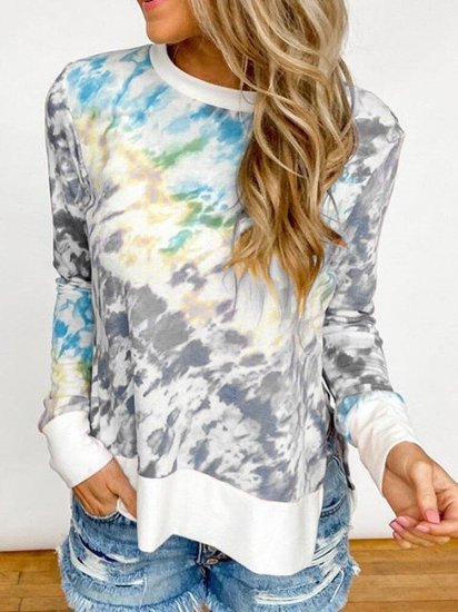 Tie-dye O-neck Side Slit Casual Long Sleeve T-Shirt - Click Image to Close