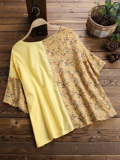 Print Floral Patchwork Casual Loose Bell Sleeve T-Shirt - Click Image to Close