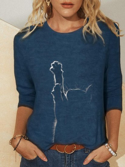 Cat Print Long Sleeves O-neck Casual T-shirt For Women - Click Image to Close