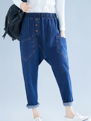 Button Solid Color Elastic Waist Casual Harem Denim